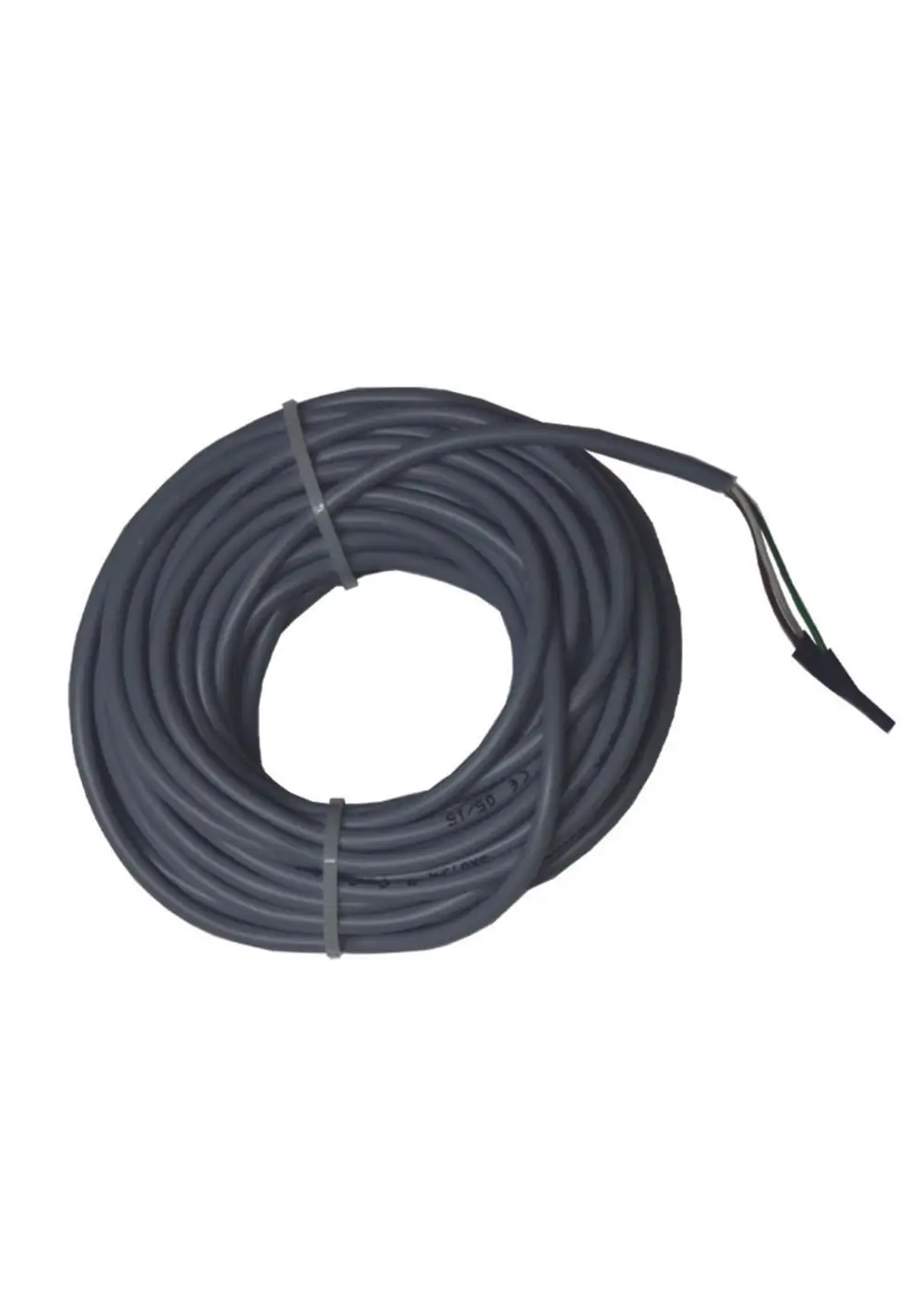 Graues Kabel, aufgerollt, mit mehreren Leitungen am Ende. Judo Stör-/Leermelde-Übertragungskabel zur elektrischen Verbindung oder Signalübertragung.